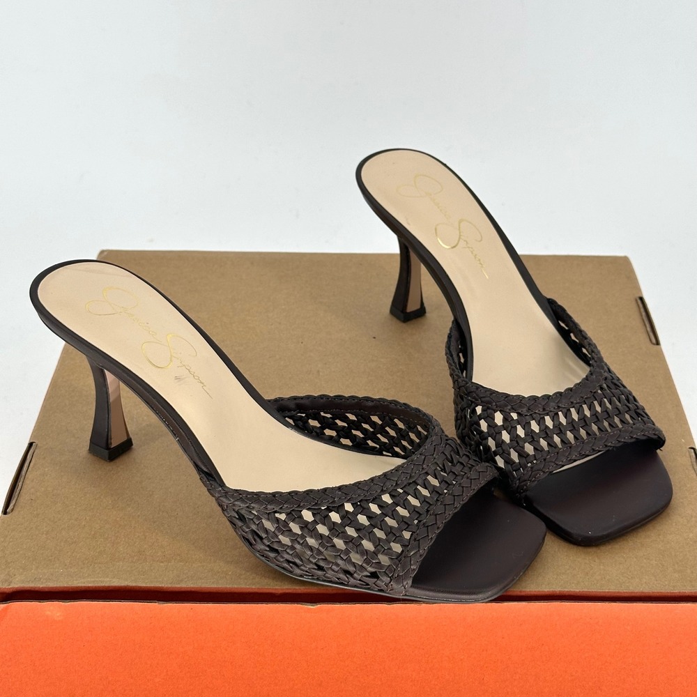 Jessica Simpson Brown Leather Faux Slip On Square Toe Mule Heels Open Toe 10 M